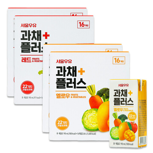 서울우유 과채플러스 레드/옐로우 190ml 각32팩(총64팩)-과채주스/과채음료